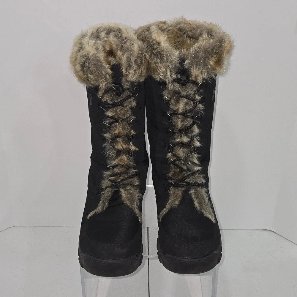 Ausland Womens Black Faux Fur Trim Winter Snow Boots Lace Up Mid Calf Size 8.5